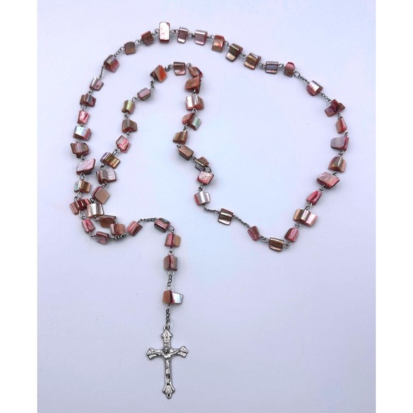 Source Unknown Jewelry - Vintage Rosary Mother of Pearl Style Beads Silver Tone Cross‎ Made in Jerusalem